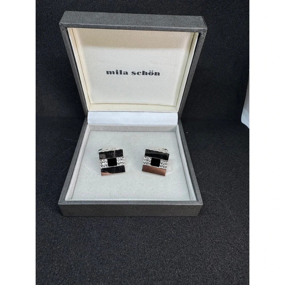 Mila Schön Cufflinks‎ Tie Tack Set of 2 Vintage Gold Tone Black Square